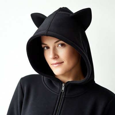 Woman in black cat ear hoodie
