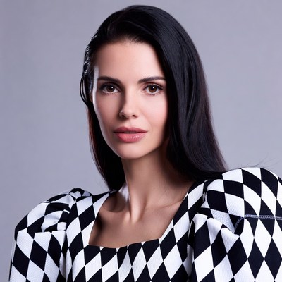 Woman in black white houndstooth dress