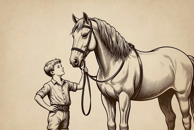 Boy holding horse reins illustration