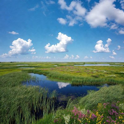 Vast green marshland with ponds and clouds