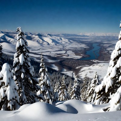 Snowy Mountains with River Valley