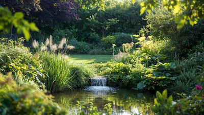 Garden pond with waterfall