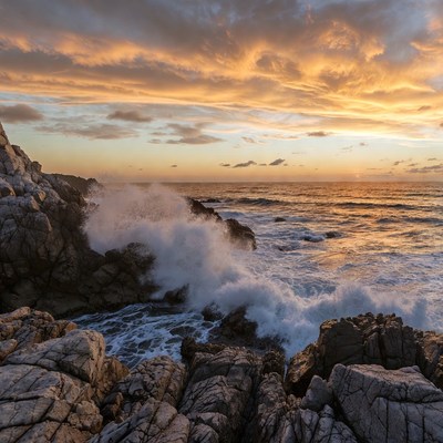 Ocean Waves Crashing on Rocks at Sunset
