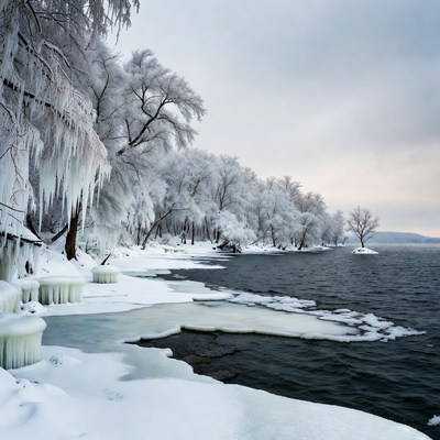 Snow-Covered Trees by Frozen Lake