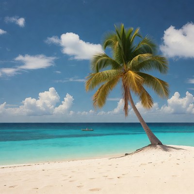 Palm Tree on Tropical Beach with Boat