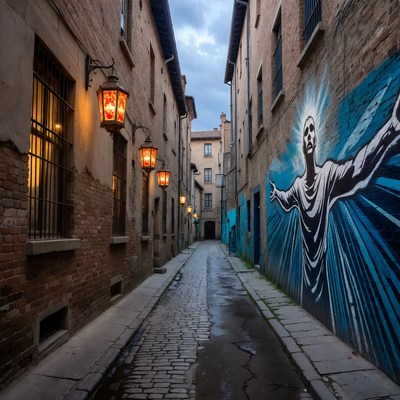 Narrow alley with glowing Jesus mural