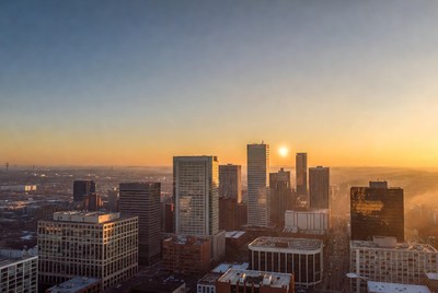 City skyline at sunset