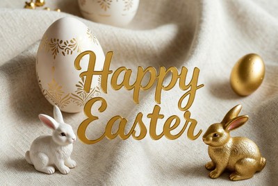 Happy Easter with Golden Eggs and Bunnies