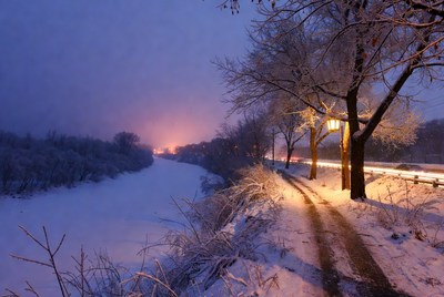 Snowy Winter Path with Street Lamp