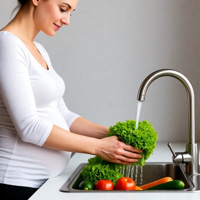 Pregnant woman washing lettuce