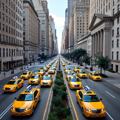 Yellow Taxis Lined in City Street