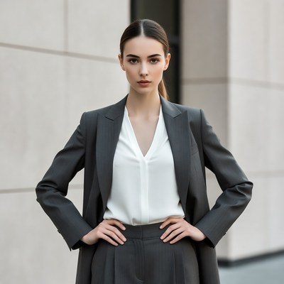 Woman in gray suit standing confidently
