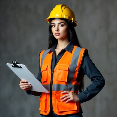 Woman engineer with hard hat clipboard