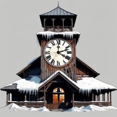Snowy Wooden Clock Tower