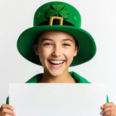 Girl holding blank sign in leprechaun hat