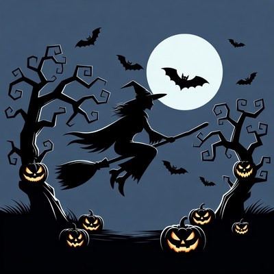 Witch Flying on Broomstick Halloween Illustration