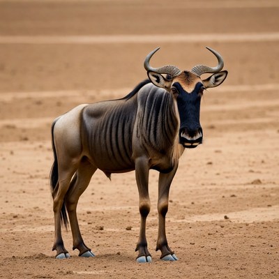 Gnu standing on sandy plain