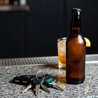 Beer Bottle with Keys and Whiskey Glass