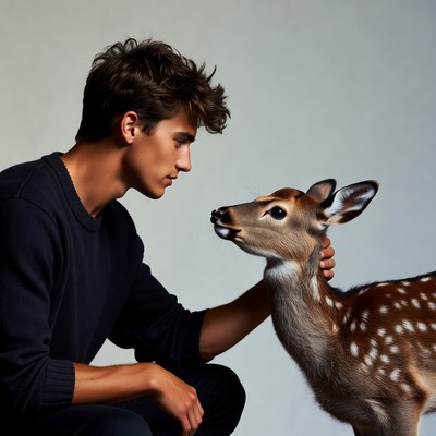Young man petting baby deer