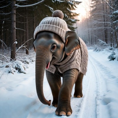 Baby elephant in knitted hat on snowy path