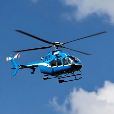 Blue helicopter flying in sky