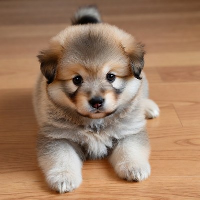 Fluffy Pomeranian puppy on floor