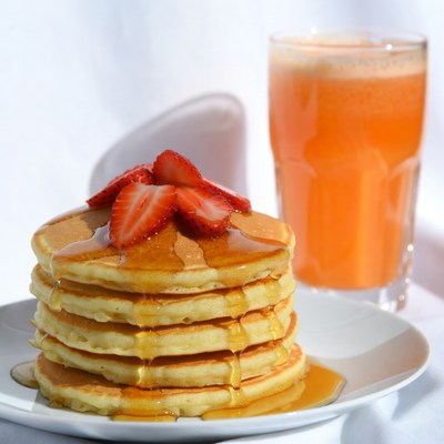 Pancakes with Strawberries and Orange Juice