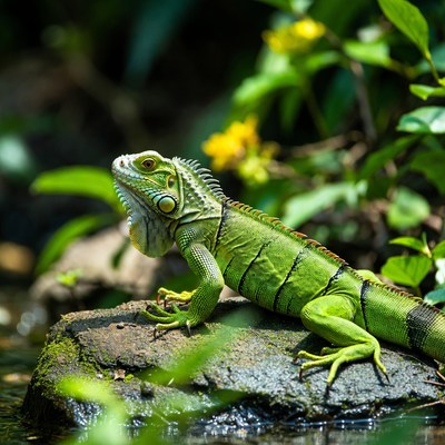 Green iguana on rock in jungle