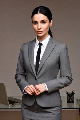 Woman in gray suit at office desk