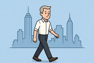 Man walking in city skyline