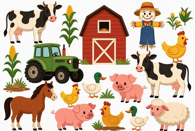 Cartoon Farm Animals and Barn