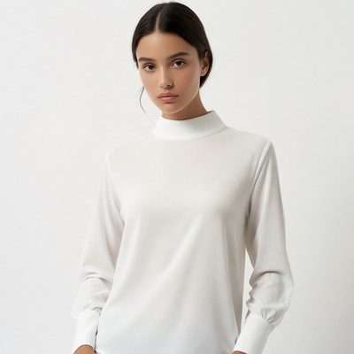 Woman in white turtleneck blouse