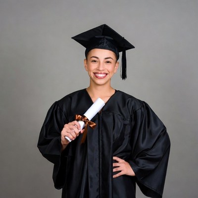 Smiling Latina woman in graduation gown