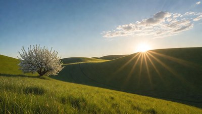 Cherry Blossom Tree on Green Hills at Sunset