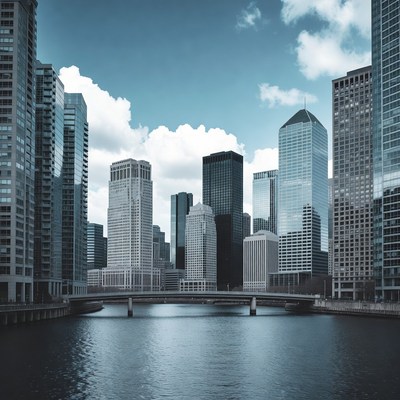 Modern Skyscrapers over River Bridge