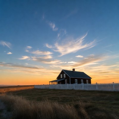 Dark Wooden House with White Picket Fence
