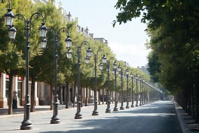 Tree-Lined Street with Street Lamps