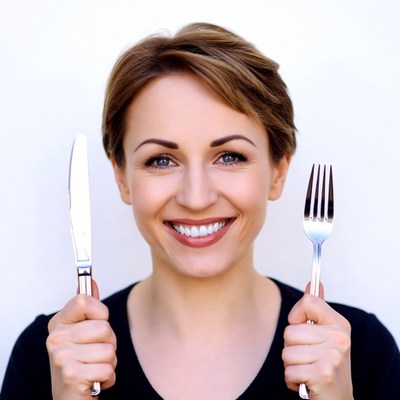Smiling woman holding knife and fork