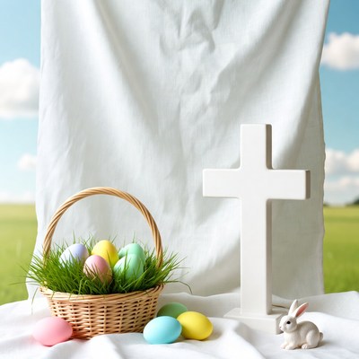Easter Basket with Eggs Cross Bunny