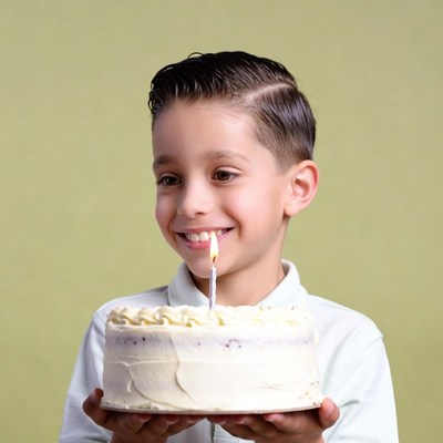 Boy holding birthday cake with candle