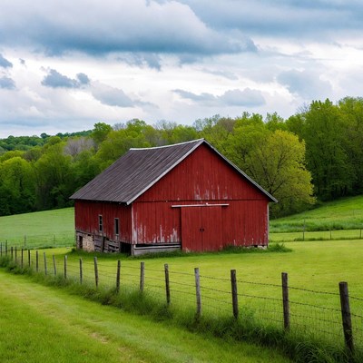 Red Barn in Green Field