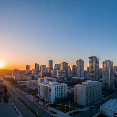 City skyline at sunset