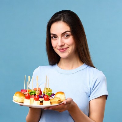 Woman holding veggie skewers platter