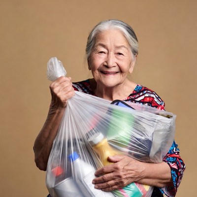 Elderly Asian woman holding shopping bag