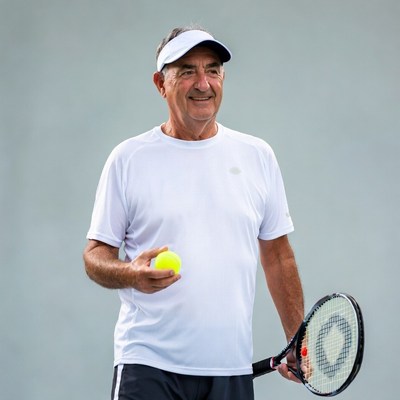 Senior man holding tennis racket and ball
