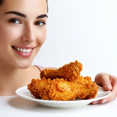 Woman holding fried chicken