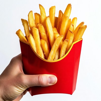 Hand holding french fries in red carton