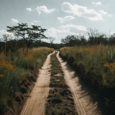 Dirt road through savanna grasslands