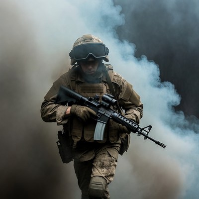 Soldier advancing with rifle in smoke