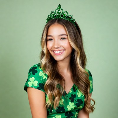 Girl wearing green shamrock crown